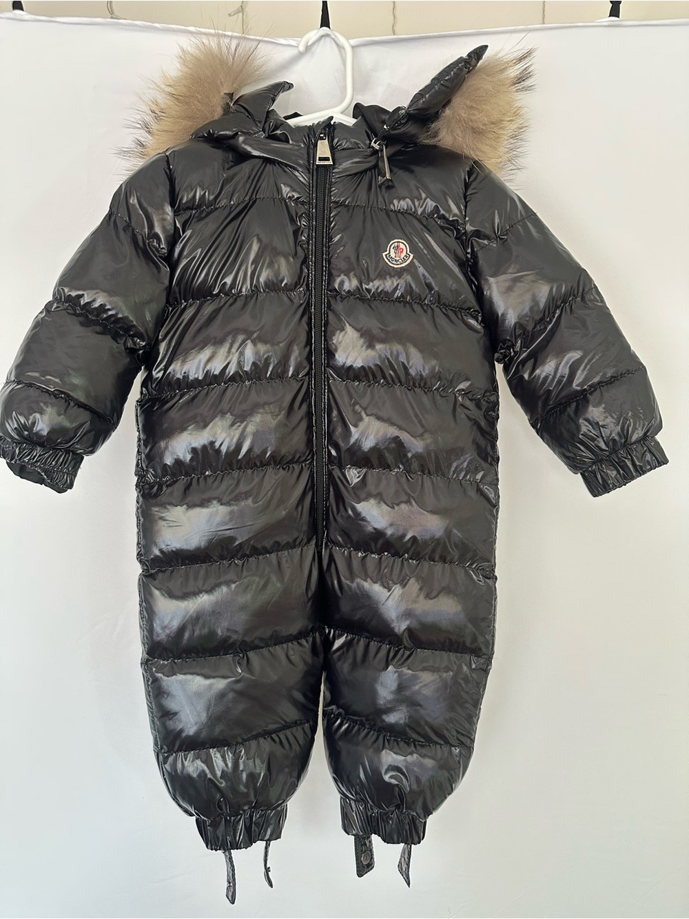 Moncler Black Shiny Puffer Infant Snowsuit with Fur-Trim Hood